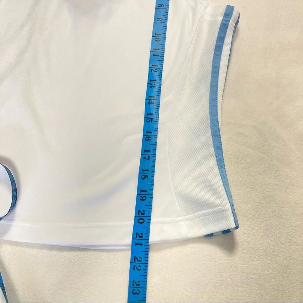 Adidas Women's White and Blue V-Neck Top see measurements- more like a size 8 - Picture 5 of 6